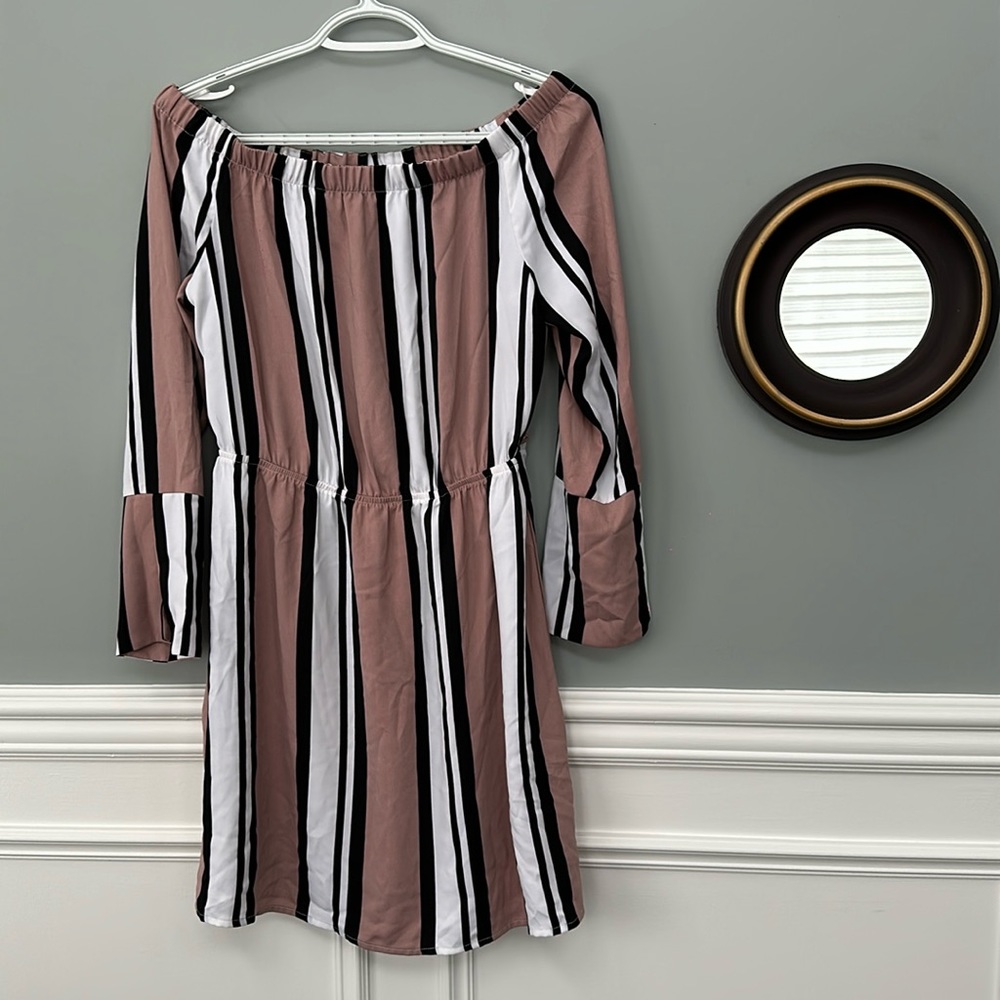Off-shoulder pinstripe dress